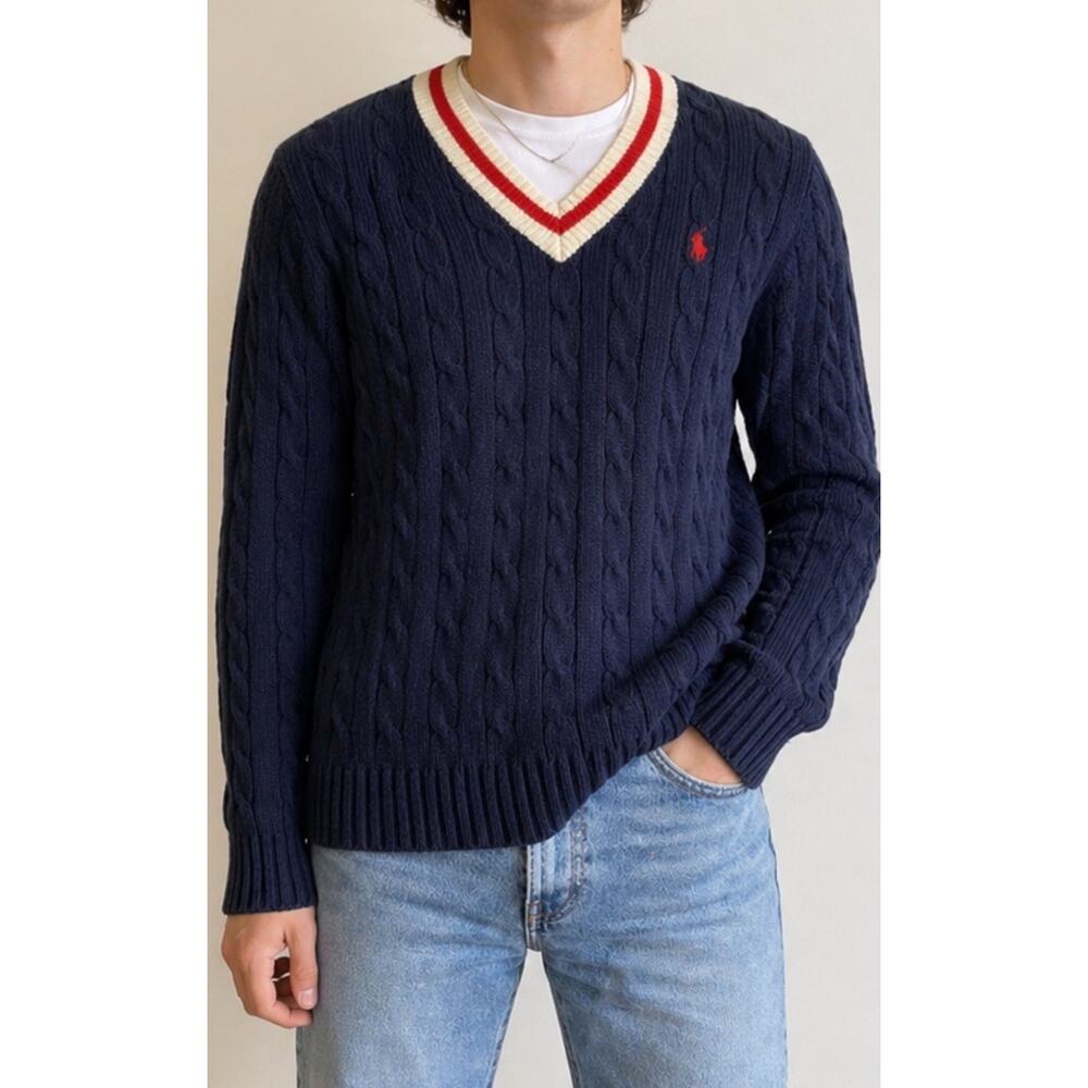 Vintage Ralph Lauren Cable Knit Tennis Sweater XL Navy, Red & White July 4th